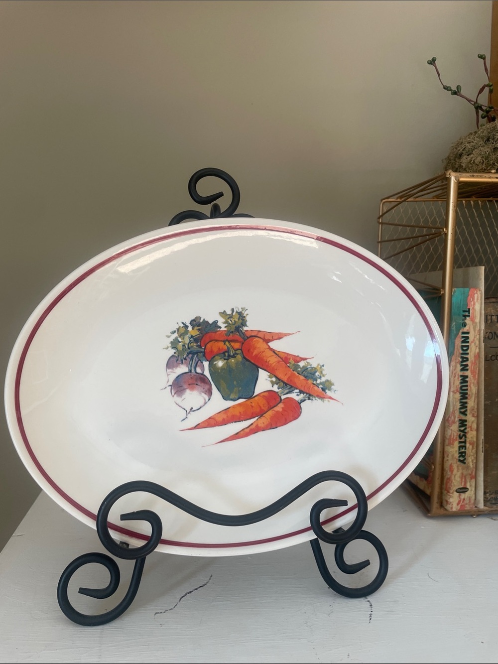 Homer Laughlin White Platter with Red Rim and Colorful Vegetable Motif